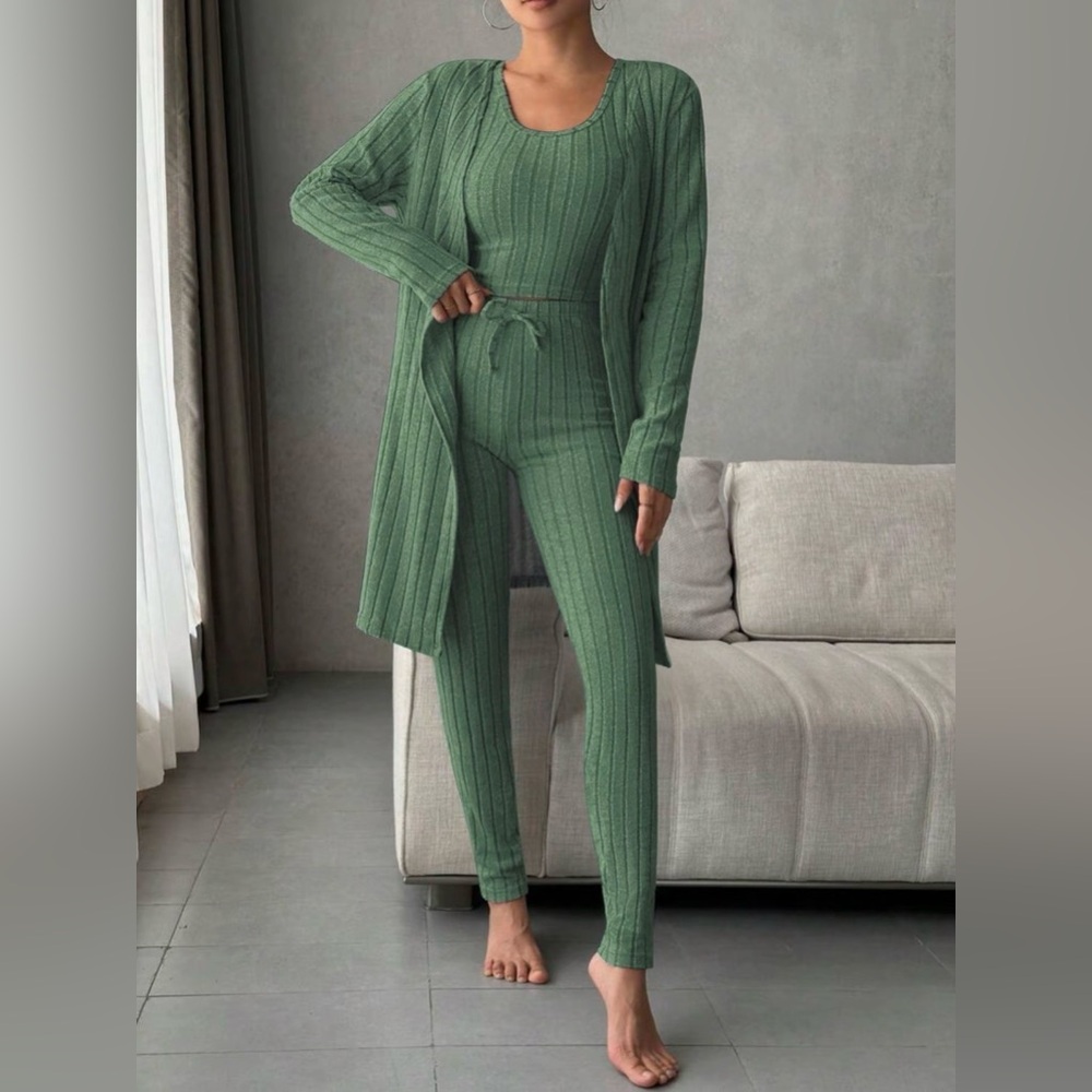 Ribbed Knit Tank & Lounge Pants Set - Green